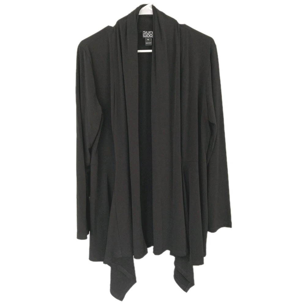 Sun Woo Cardigan Sweater Women XL Black Open Waterfall Drape Lightweight NWOT